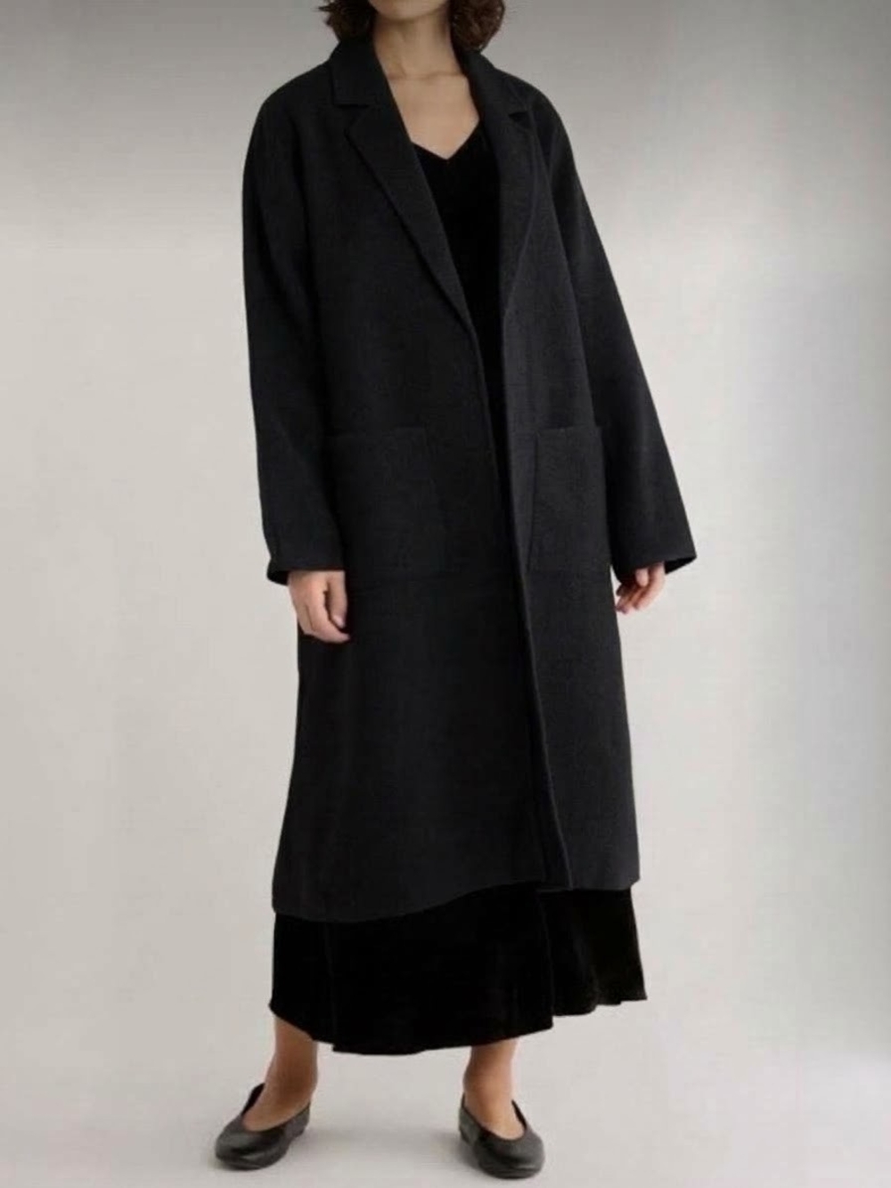Eileen Fisher 100% Boiled Wool Long Coat M Black UnLined Cozy Duster